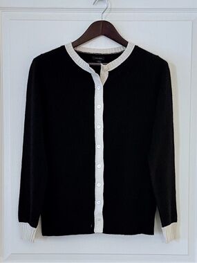 Only Mine Black Cashmere Cardigan with Cream Trim